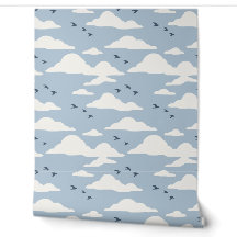 Dusty Blue and Navy Minimalist Birds and Clouds