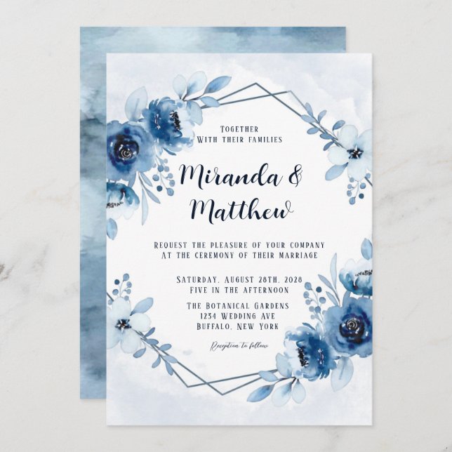 Dusty Blue and Navy Watercolor Peonies Wedding Inv Invitation (Front/Back)