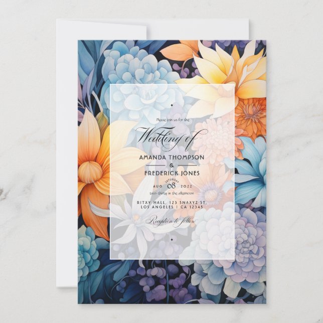Dusty Blue and Orange Floral Wedding Invitation (Front)