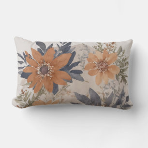 Dusty Blue and Orange Watercolor floral Lumbar Cushion