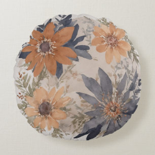 Dusty Blue and Orange Watercolor floral Round Cushion