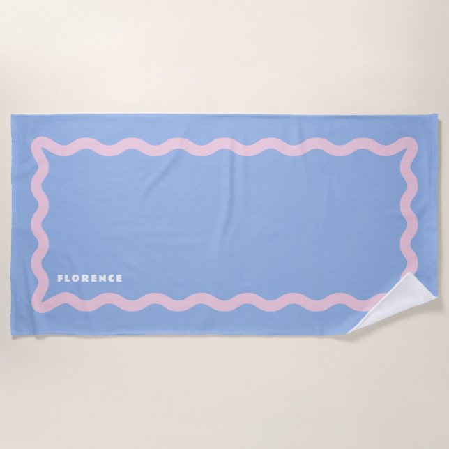 Dusty Blue and Pale Pink Squiggle with Text Beach Towel (Front)