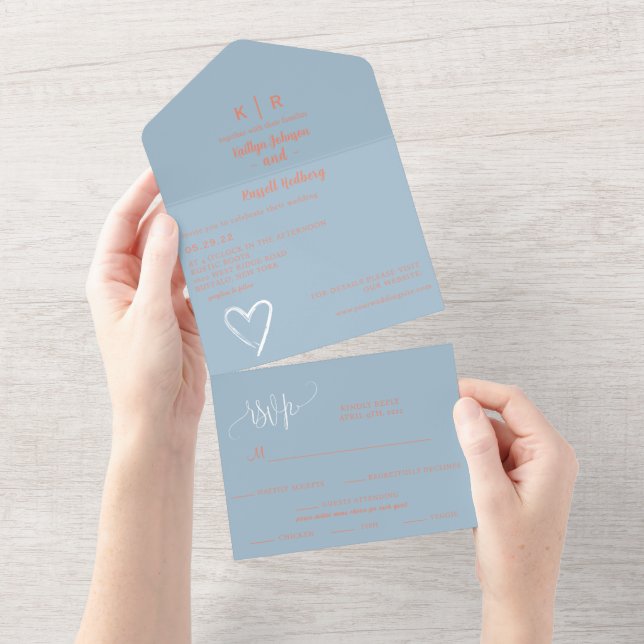Dusty Blue and Peach All in One Wedding Invite (Tearaway)