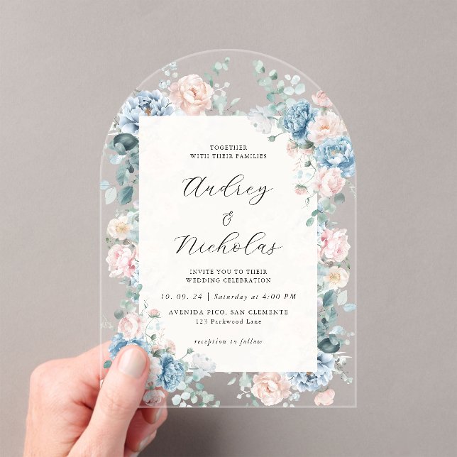 Dusty Blue and Peach Elegant Floral Wedding Acrylic Invitations (Insitu (Handheld))
