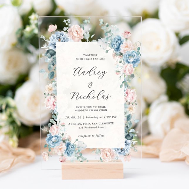 Dusty Blue and Peach Elegant Floral Wedding Acrylic Invitations (Creator Uploaded)