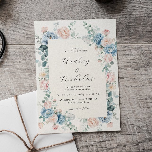 Dusty Blue and Peach Elegant Floral Wedding Invitation (Creator Uploaded)