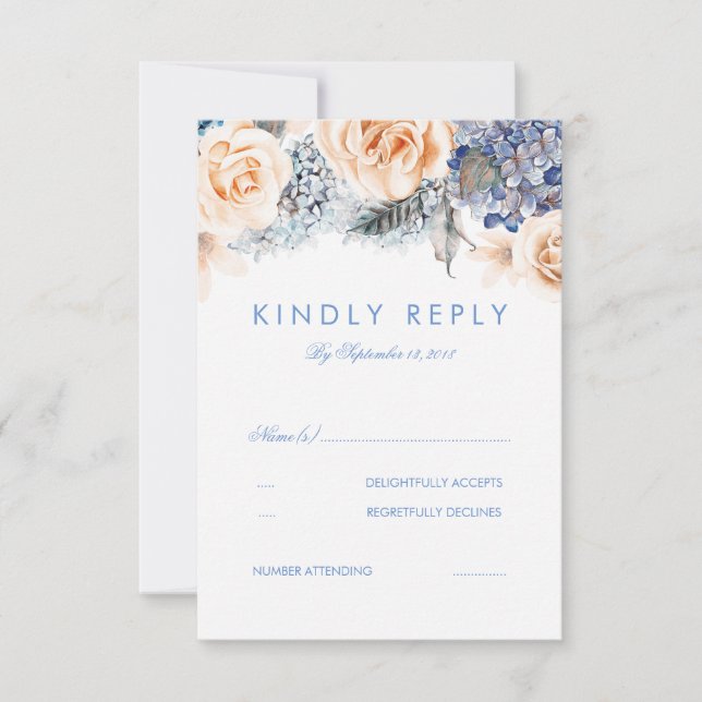 Dusty Blue and Peach Floral Wedding RSVP Card (Front)