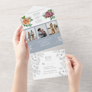 Dusty Blue and Peach Pink Photos Wedding All In One Invitation