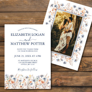 Dusty Blue and Peach Wildflowers Photo Wedding Invitation