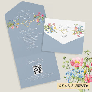 Dusty Blue and Pink Boho Wildflower Wedding All In One Invitation