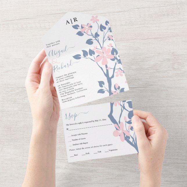 Dusty blue and pink branch with flowers wedding all in one invitation (Tearaway)