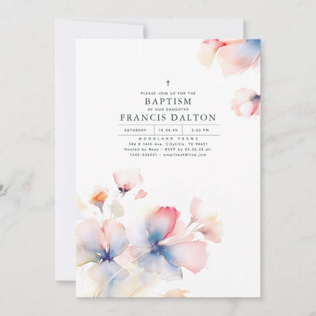 Dusty Blue and Pink Elegant Ethereal Baptism Invitation (Front)