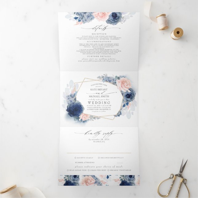 Dusty Blue and Pink Floral Botanical Wedding Tri-Fold Invitation (Inside)