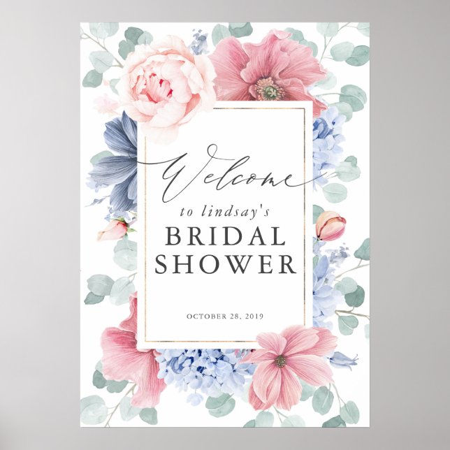 Dusty Blue and Pink Floral Bridal Shower Welcome Poster (Front)