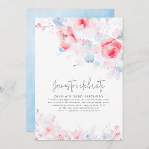 Dusty Blue and Pink Floral Elegant Birthday Invitation