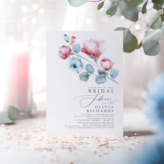 Dusty Blue and Pink Floral Elegant Bridal Shower Invitation (Pink and Dusty Blue Bridal Shower Invitations)