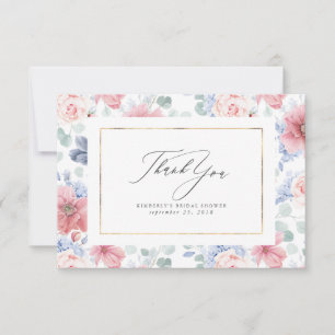 Dusty Blue and Pink Floral Elegant Small Thank You Card