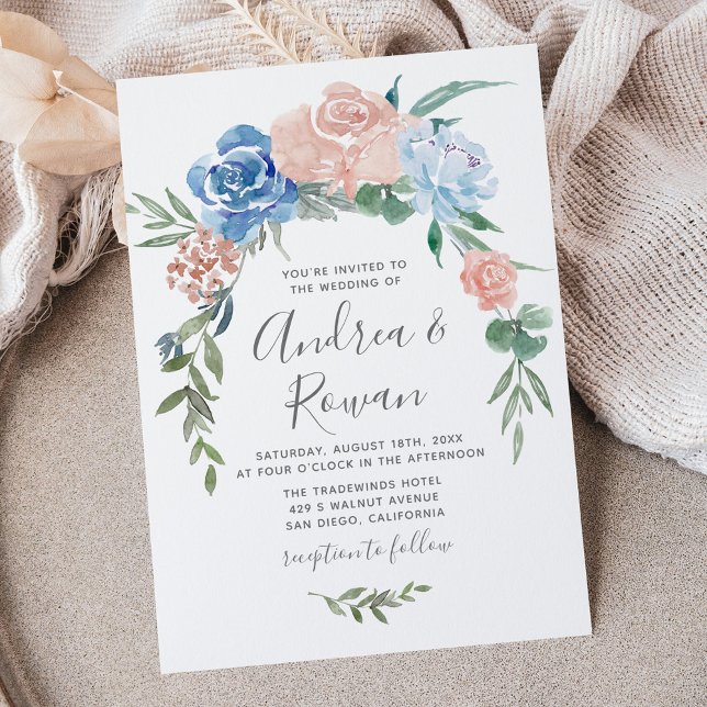 Dusty Blue and Pink Floral Garland Wedding Invite (Creator Uploaded)
