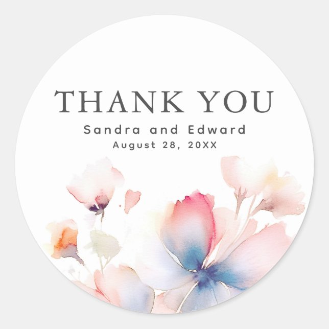 Dusty Blue and Pink Floral Modern Thank You Classic Round Sticker (Front)