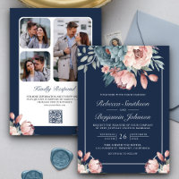Dusty Blue and Pink Floral Navy QR Code Wedding