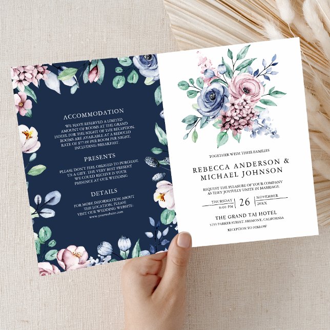 Dusty Blue and Pink Floral Navy QR Code Wedding Invitation (Creator Uploaded)