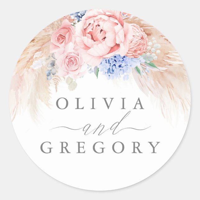 Dusty Blue and Pink Floral Pampas Grass Wedding Classic Round Sticker (Front)