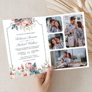 Dusty Blue and Pink Floral QR Code Wedding Invitation