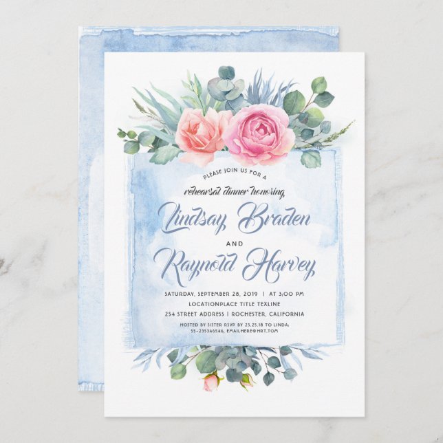 Dusty Blue and Pink Floral Rehearsal Dinner Invitation (Front/Back)
