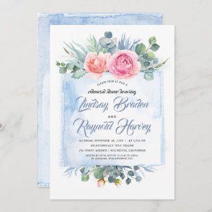 Dusty Blue and Pink Floral Rehearsal Dinner Invitation