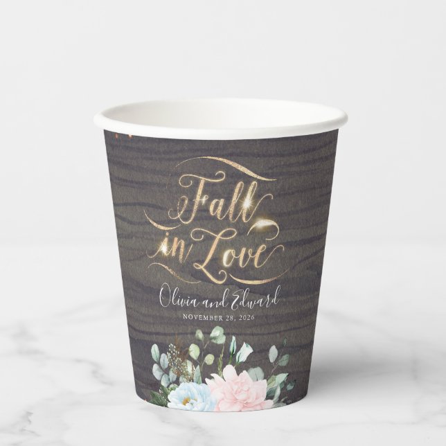 Dusty Blue and Pink Floral Rustic Fall in Love Paper Cups (Front)