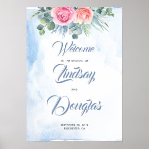 Dusty Blue and Pink Floral Wedding Welcome Sign