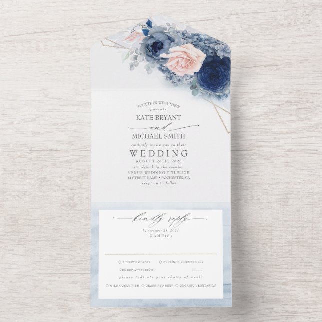 Dusty Blue and Pink Flowers Elegant Modern Wedding All In One Invitation (Inside)