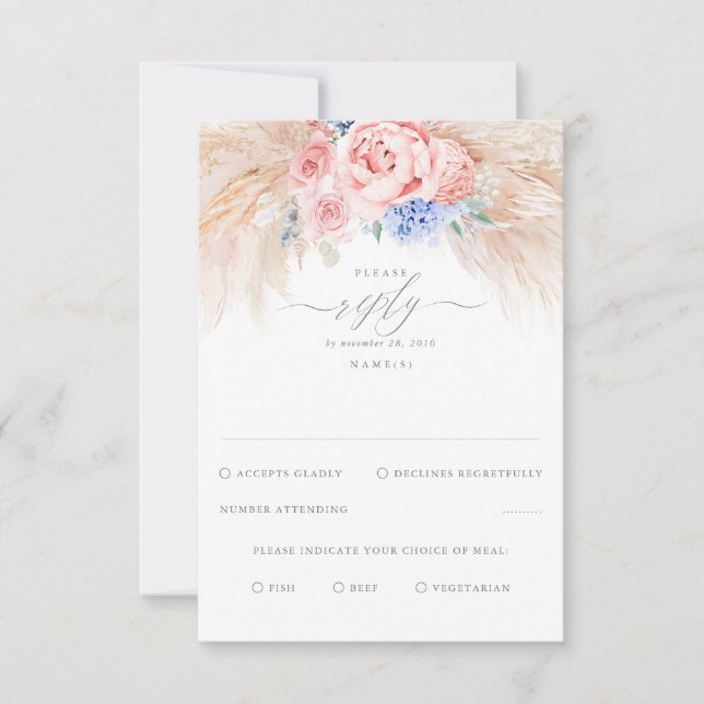 Dusty Blue and Pink Flowers Exotic Wedding RSVP (Front)
