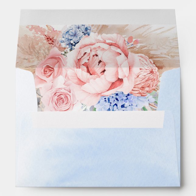 Dusty Blue and Pink Flowers Pampas Grass Elegant Envelope (Back (Bottom))