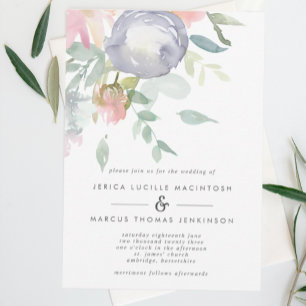 Dusty Blue and Pink Flowers Pastel Spring Wedding Invitation