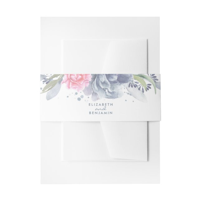 Dusty Blue and Pink Watercolor Flowers Invitation Belly Band (Front Example)