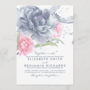 Dusty Blue and Pink Watercolor Flowers Wedding Invitation