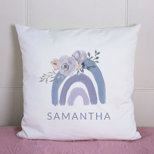 Dusty Blue and Purple Boho Rainbow with Flowers Cushion