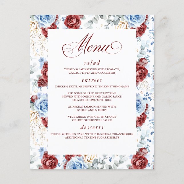Dusty Blue and Red Floral Elegant Wedding Menu (Front)