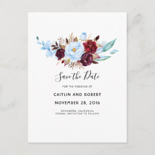 Dusty Blue and Red Floral Watercolor Save the Date Announcement Postcard