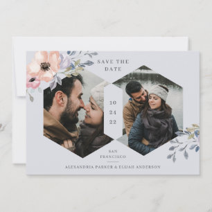 Dusty Blue and Rose Geometric Floral Two Photo Save The Date