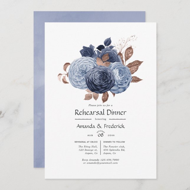 Dusty Blue and Rose Gold Floral Rehearsal Dinner Invitation (Front/Back)