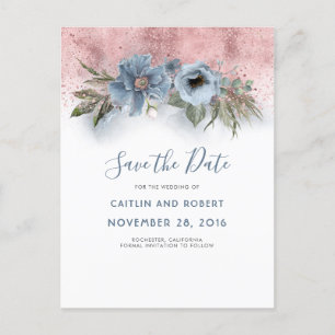 Dusty Blue and Rose Gold Floral Save the Date Announcement Postcard