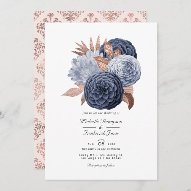 Dusty Blue and Rose Gold Floral Wedding Invitation (Front/Back)