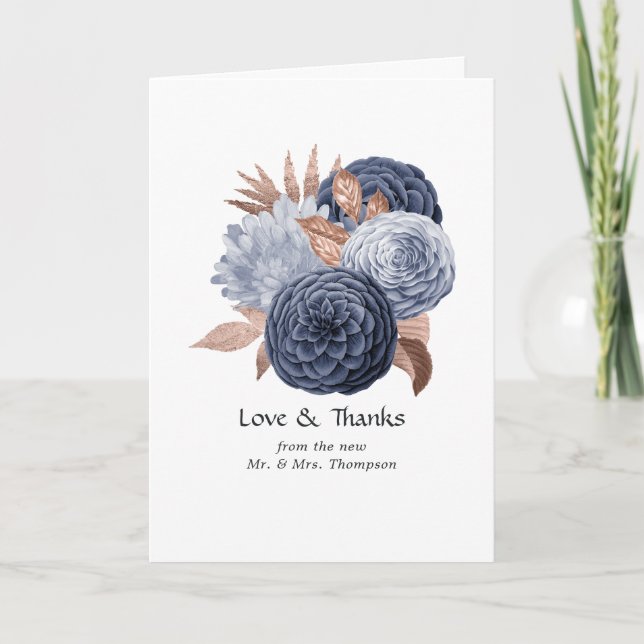 Dusty Blue and Rose Gold Floral Wedding Photo Thank You Card (Front)