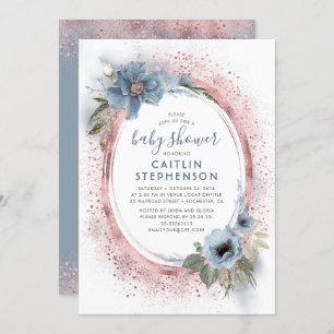 Dusty Blue and Rose Gold Glitter Baby Shower Invitation