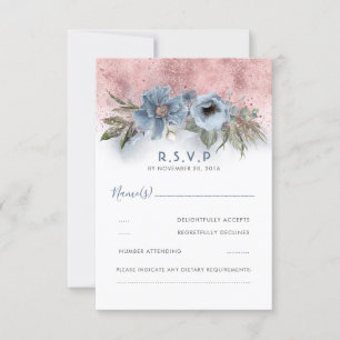 Dusty Blue and Rose Gold Glitter Boho Wedding RSVP Card