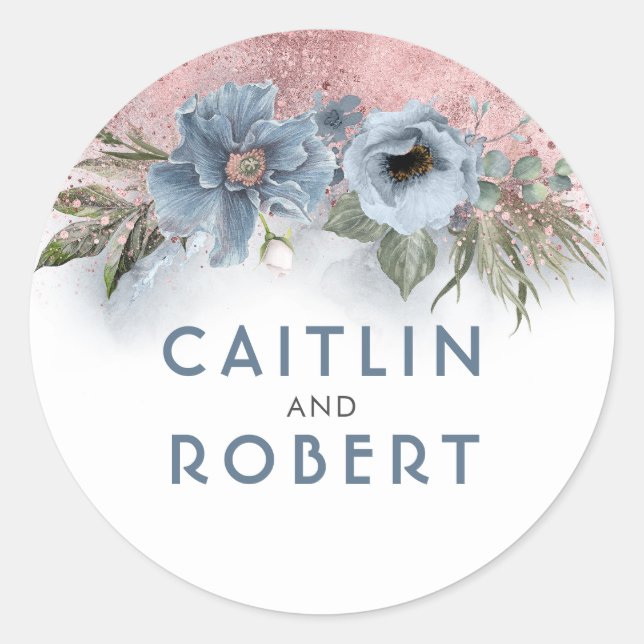 Dusty Blue and Rose Gold Glitter Floral Wedding Classic Round Sticker (Front)