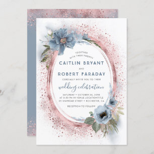 Dusty Blue and Rose Gold Glitter Floral Wedding Invitation