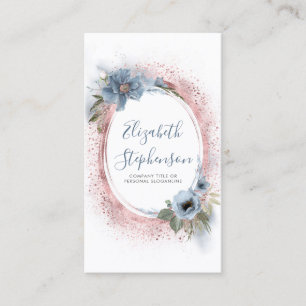 Dusty Blue and Rose Gold Glitter Modern Floral Business Card